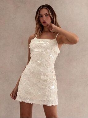 White Sequin Spaghetti Strap Mini Dress